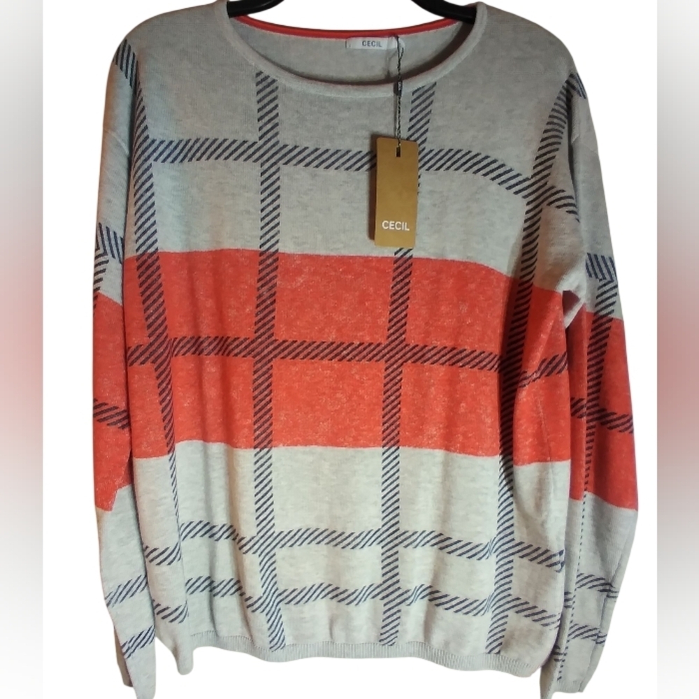 NWT Cecil Crewneck Sweater with Geometric Design Womens Cotton Red And Gray XS